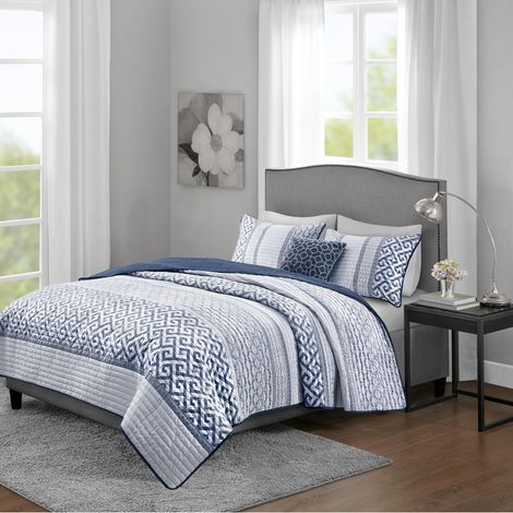 Parure de lit à Rayures Jacquard – Toutes Saisons, Couvre-lit léger, taies d'oreiller, Oreiller décoratif, très Grand lit/très Grand lit californien (264,2 x 238,8 cm), Bleu (1/5)