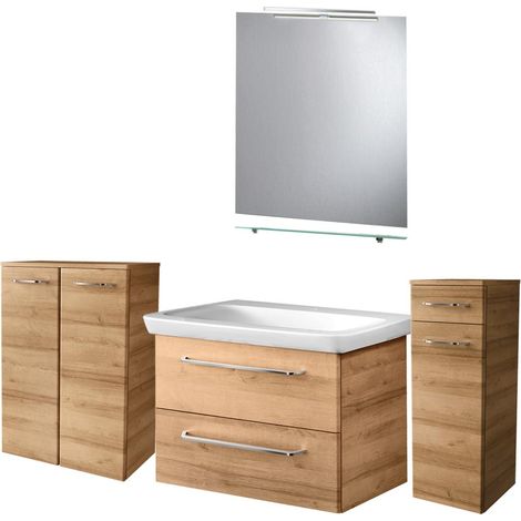 Fackelmann MILANO Badmöbel Set 7-teilig, 80 cm, Braun hell, Keramik, Spiegel+Leuchte+Ablage+ Schränke"-"90284145 (1/4)