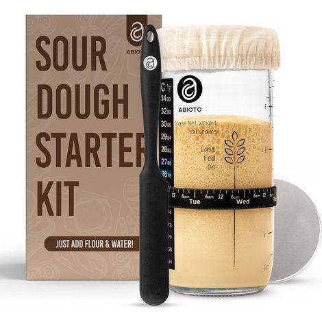 Kit de Levain – Bocal avec Couvercle Métallique, Spatule en Silicone, Suivi d'Alimentation, Bandes Thermomètre, Couvercles Respirants – Idéal pour Faire du Pain au Levain (710 ml) (1/5)
