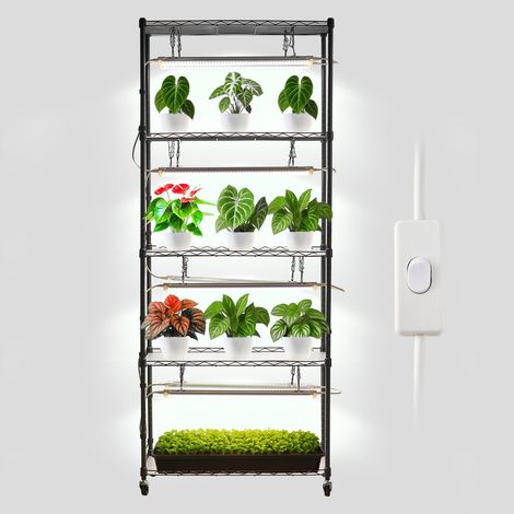 Support plantes intérieur avec lampe de croissance, étagère métal 6 niveaux 180 cm à roulettes pour pots de fleurs (1/5)