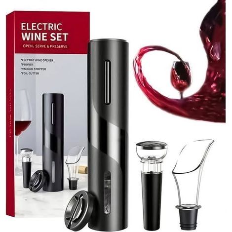 Sacacorchos eléctrico 4 en 1, abridor de botellas automático con cortador de cápsulas, vertedor y tapón, color negro. (1/4)