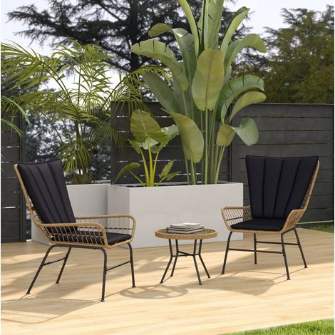 Muebles de jardín de ratán 2 plazas negro con cojines y mesa de cristal templado (1/5)