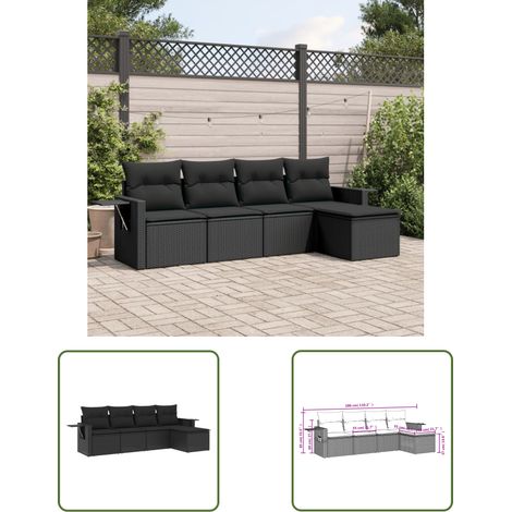 The Living Store Salon de jardin 5 pcs avec coussins noir résine tressée - Salon De Jardin - Meuble Extérieur - Set Salon - Résine Tressée - Rotin Synthétique (1/3)