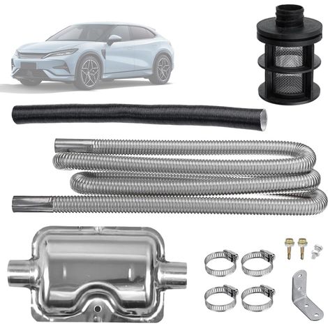 Flexible pour Echappement Kit, 200 cm Tuyau D'échappement + 30 cm Tuyau D'admission + 15 cm Silencieux, avec Filtre à Air, pour Chauffage à Air Diesel de Voiture (Argent, Taille moyenne) (1/5)