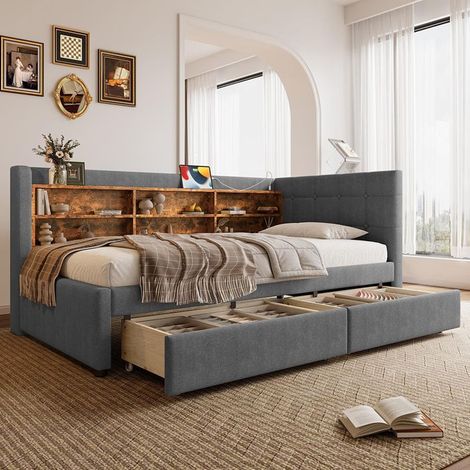 Méridienne canapé-lit 90x200 cm gris avec 2 tiroirs, tête USB & Type‑C, rangement, sans matelas