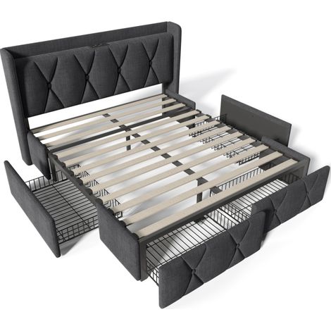 Cama tapizada gris 160x200 cm con 4 cajones, cabecero USB y enchufes, somier de madera (1/5)