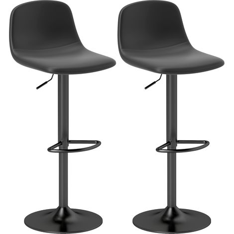 Tabourets de bar pivotants en cuir synthétique noir, 2 pièces, dossier, repose-pieds, base métallique