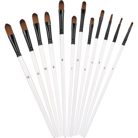 Ensemble de 12 pinceaux en nylon, manche en bois, blanc nacré, styles variés, pour peinture à l'huile et acrylique. Tête plate ronde.