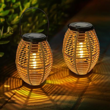 Solar Lantern Outdoor Garden – 2 Rattan Outdoor Solar Light, IP44 Waterproof Outdoor Solar Light Post Lamp Bohemian Style, Hanging/Perched for Table Yard Garden Decoration (1/5)