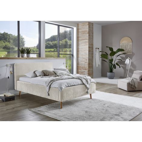 Meise Möbel Polsterbett Mattis 140x200 cm Doppelbett Bettgestell skandinavisches Kopfteil Strukturstoff Beige Holzfuß eichefarbig (1/5)