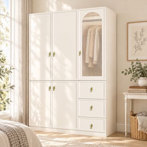 Armoire chambre 135 x 48 x 200 cm, Dressing moderne avec LED et verre cannelé, en MDF et métal, avec 5 portes et 3 tiroirs, Blanc (1/5)