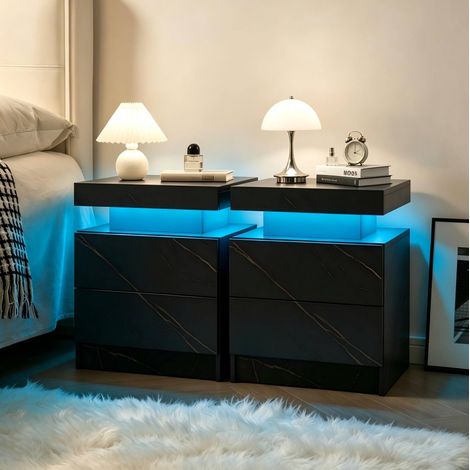 2er-Set Nachttische schwarz-gold aus Holzwerkstoff mit LED-Beleuchtung und 2 Schubladen (1/5)