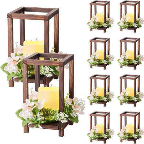 VEVOR Faroles de Madera para Bodas 10 Juegos con Velas LED y Coronas de Flores, Farolillos para Velas 140 x 140 x 254,8 mm, Candelabros para Decoración Rústica de Mesa de Boda, para Fiestas, Marrón (1/5)