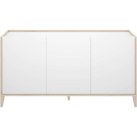 Aparador para salón Celia 3 puertas acabado natural-blanco, 77.5cm(alto) 150cm(ancho) 40cm(largo).