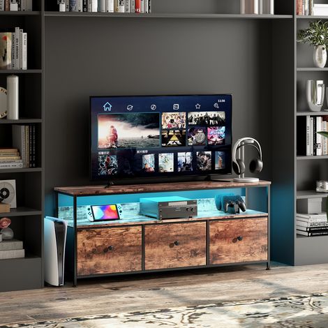 Meuble TV LED 108x30x57cm - 3 tiroirs en tissu cuir et métal noir - Marron