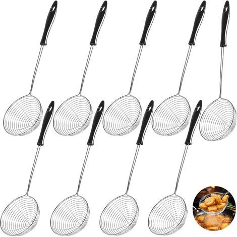 9 Pezzi in Acciaio Inossidabile Cucchiai Scola Pasta, 8cm Ragno Scolapasta Schiumarola, Cucchiaio a Maglia Fine con Manico per Casa e Ristorante (1/5)