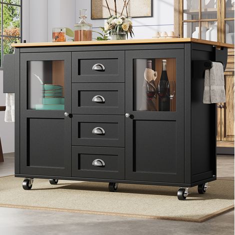 Îlot de cuisine 137.9x73x92.5 cm noir en MDF et métal avec table rabattable et roulettes (1/5)