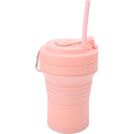 Gobelet pliable en silicone 550ml rose, isolant thermique, étanche, avec paille, tasse à café rétractable. (1/5)