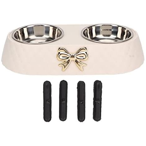 Gamelles Doubles pour Chiens avec Support Antidérapant en Acier Inoxydable pour l'alimentation et l'eau, Parfaites pour Les Chiens et Chats de Petite et Moyenne Taille (Beige) (1/5)