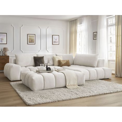Bobochic – Canapé d'angle fixe 5 places – Tissu texturé blanc – Longueur 352cm – Confort moelleux – Pouf inclus pour espace détente (1/5)