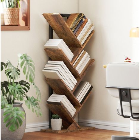 MEUBLIV Bücherregal mit 7 Ebenen, Rustikalbraun – Baumdesign, platzsparend (1/5)