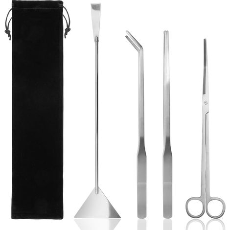 Lot de 4 outils d'aquarium - En acier inoxydable - Kit de nettoyage - Pince à épiler - Ciseaux - Spatule - Pour le nettoyage des aquariums (1/5)