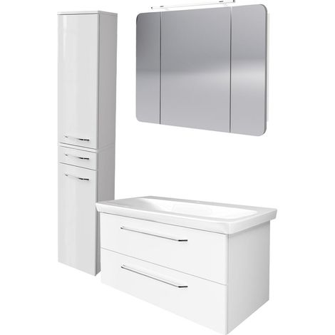Fackelmann MILANO Badmöbel Set 4-teilig, 100 cm, Weiß, Keramik, Spiegelschrank + Hochschrank"-"90300145 (1/3)