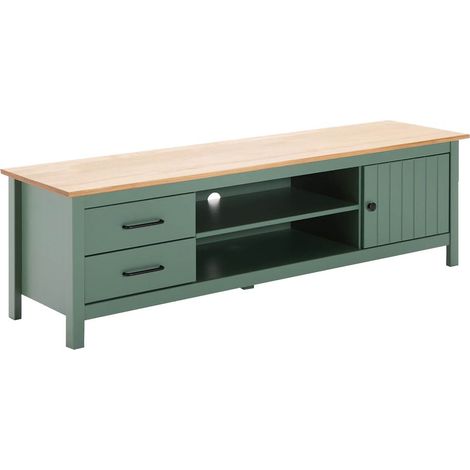 Altobuy – Meuble TV 1 porte 2 tiroirs en pin massif ciré vert – Dimensions 158x40xH47cm – Style classique pour intérieur moderne (1/5)