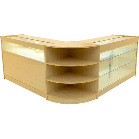 Set Mostradores Comerciales "DEMETER"   Arce K1500+B1500+LM60  MDF y vidrio templado  Estantes y puertas corredizas con cerradura  Fácil Montaje  Mostrador Recepción Expositor Comercial Mesa
