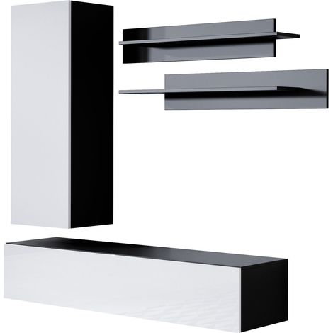 Wohnwand  Mediawand  Möbel TV  TV-Schrank  Wohnzimmer  Wohnmöbel  Anbauwand  Möbelkombination  Hängend  160cm  Luke 4D  Schwarz mit Weiß Glanz