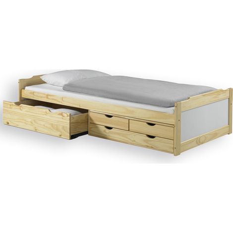 Idimex – Lit fonctionnel en pin 90 x 200 cm – Vernis naturel et lasuré blanc – Avec tiroirs de rangement – Ambiance chaleureuse