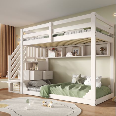 Litera infantil 90 x 200 cm blanca con armario escalera y almacenaje OKMYHOME (1/5)