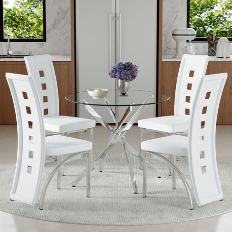 Ensemble table à manger 88 cm en verre trempé + 4 chaises blanches similicuir perforé géométrique – moderne, minimaliste, luxe (1/4)