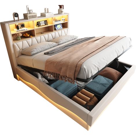 Lit coffre 180x200 cm avec LED APP, USB et rangement hydraulique, cadre métal, revêtement tissu beige, sommier à lattes, pour chambre moderne  CHICFURN (1/5)