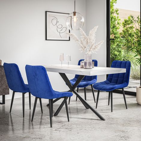 Donni Dining Table And Chairs -  White Marble Effect Table Top w Black Legs + Nova Velvet Dining Chair Set Of 4 (Blue) (1/5)