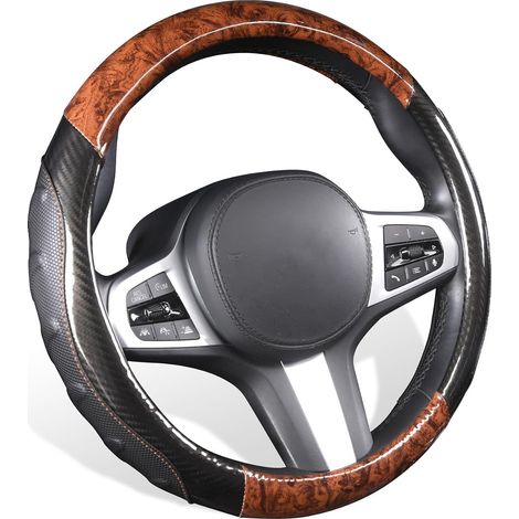 Funda universal para volante de coche, 37-38 cm, de microfibra con textura de madera, antideslizante, color negro y marrón. (1/5)