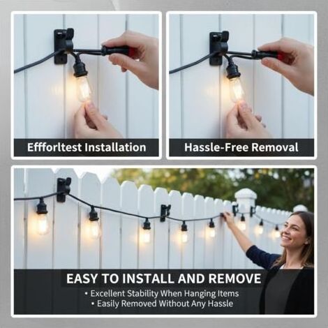 Set mit 60 Haken für Lichterketten im Außenbereich – Schwarze Schraubclips für Kabel und LED-Lichter – Robuste Befestigungselemente für Terrasse, Garten, Pergola und Zaun (1/5)