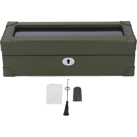 boîte de rangement-Boîte de montre avec fenêtre en verre 5 emplacements en cuir microfibre doux intérieur rembourré vert pour montres mécaniques (1/5)
