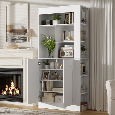 Armoire moderne polyvalente, armoire haute avec étagère ouverte, 2 portes et compartiments de rangement latéraux, pour salon, salle à manger, bureau et chambre, blanc, 85×35×180cm (1/5)