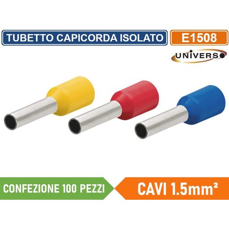 CONFEZIONE 100 PEZZI TUBETTO TERMINALE CAPICORDA ISOLATO PER CAVI DA 1.5mm² TERMINALE DA 8mm - GIALLO ROSSO BLU - Colore: Giallo (1/5)