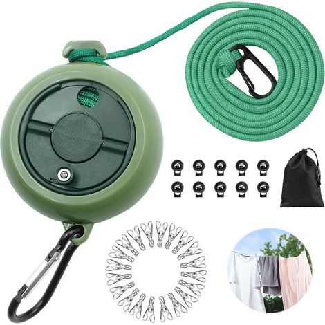 Stendibiancheria estensibile, stendibiancheria portatile da campeggio da 10 m, stendibiancheria da viaggio per esterni con 10 fibbie fisse, 20 clip per campeggio, bagno (1/5)