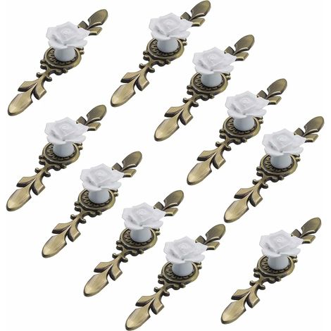 Lot de 10 boutons de meuble en céramique, diamètre 41 mm, motif rosace avec plaque en bronze, blanc, longueur 170 mm (1/5)