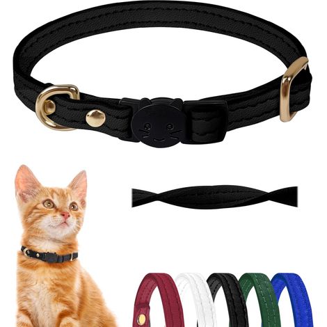 Collier Chat Anti-Étranglement, Cuir d'agneau Souple (Noir) (1/5)