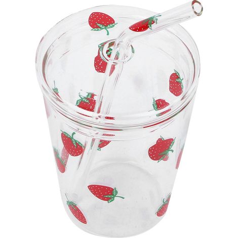 Hitzebeständiger, transparenter Glasbecher mit Erdbeermuster für Kaffee, Saft, Wasser und Strohhalmdeckel (1/5)