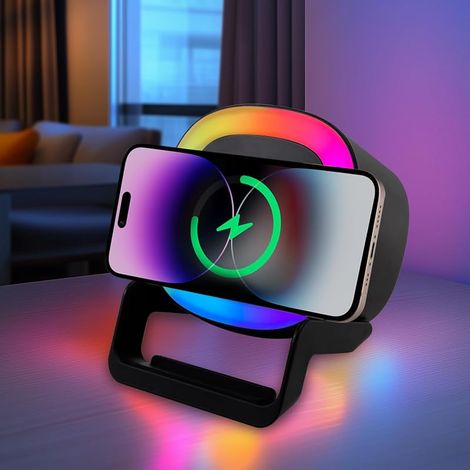 Haut-parleur Bluetooth 3 en 1 avec veilleuse tactile et station de charge de 15 W – Lumière LED à intensité variable, chargeur sans fil Qi pour garçons, filles et adolescents (1/5)