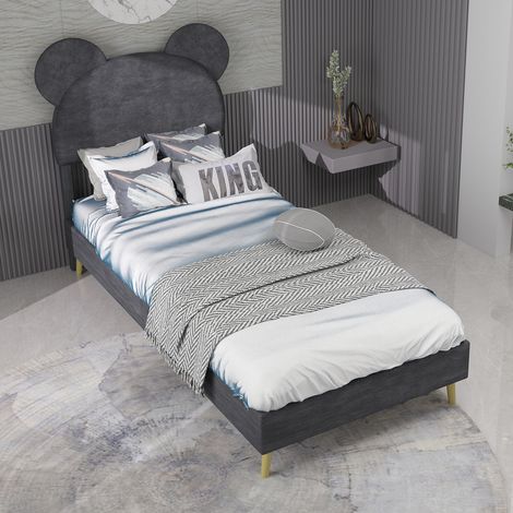 Lit rembourré moderne minimaliste avec tête de lit douce à thème cartoon, 90x200 cm, gris, meuble de chambre multifonctionnel, base basse sans rangement (sans vérin à gaz), matelas non inclus (1/5)