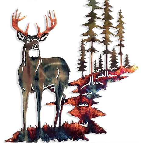 Décoration murale en métal représentant un cerf dans un jardin forestier, avec un arbre de montagne. Décoration murale suspendue pour l'intérieur ou l'extérieur, idéale pour la maison, le salon ou la 