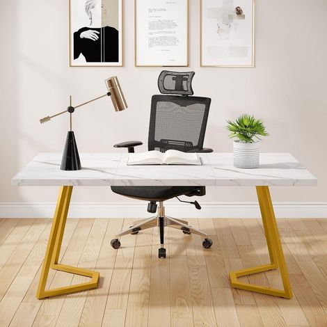 Schreibtisch 140x80cm, Computertisch mit Marmoroptik und Goldbeinen (1/5)