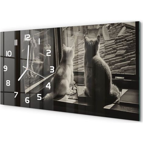 Horloge Murale Déco Maison 60x30 cm Format Panoramique Verre Moderne Chats à travers la fenêtre (1/5)