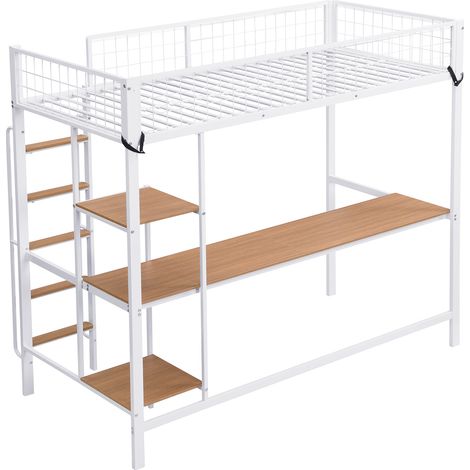 Lit mezzanine métal et bois blanc + naturel 90x200 cm avec bureau et étagères, échelle 5 marches, barrières (1/5)